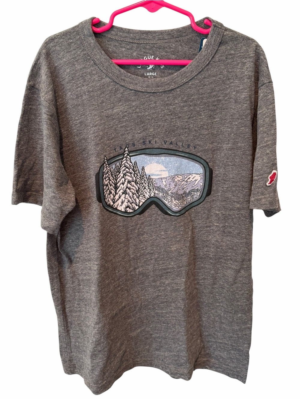 League Kids Taos Ski Valley Gray Graphic Tee Snow Goggles Large 10-12 NWT